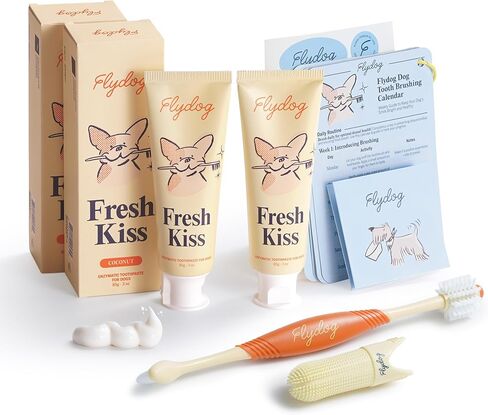 FlyDog Fresh Kiss Dog Tooth Brushing Kit - Vet Approved Formula, Enzymatic Dog Toothpaste and Brush - Breath Freshener & Tartar Remover, 360° Toothbrush & Finger Brush, Dental Guide, Peanut Butter in Kuwait