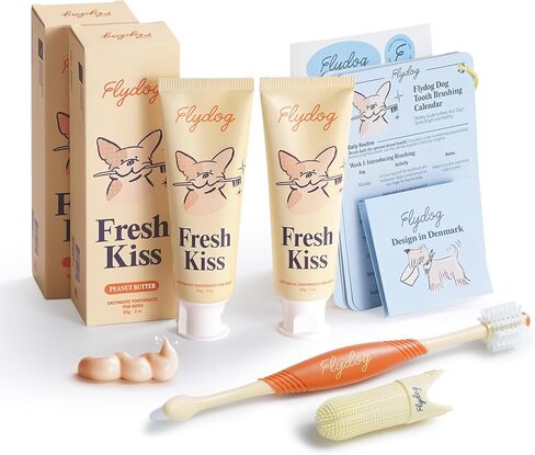 FlyDog Fresh Kiss Dog Tooth Brushing Kit - Vet Approved Formula, Enzymatic Dog Toothpaste and Brush - Breath Freshener & Tartar Remover, 360° Toothbrush & Finger Brush, Dental Guide, Peanut Butter in Saudi Arabia
