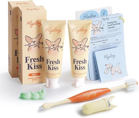 FlyDog Fresh Kiss Dog Tooth Brushing Kit - Vet Approved Formula, Enzymatic Dog Toothpaste and Brush - Breath Freshener & Tartar Remover, 360° Toothbrush & Finger Brush, Dental Guide, Peanut Butter in Saudi Arabia