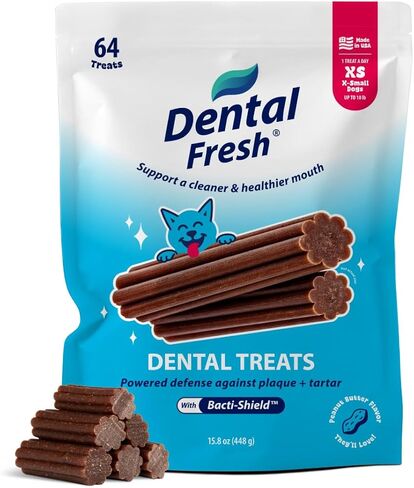 علاجات الأسنان الطازجة للكلاب XS، أعواد تنظيف الأسنان المُصممة بواسطة طبيب بيطري للمساعدة في تقليل البلاك والجير وإنعاش التنفس، 64 قطعة مضغ أسنان خالية من الفرشاة للكلاب حتى وزن 10 رطل in Kuwait