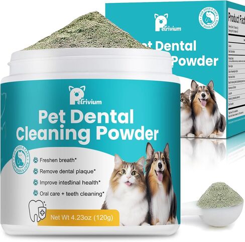 Dog Teeth Cleaning Powder, Dental Powder for Dogs Teeth Cleaning and Breath Fresh, Bad Breath Fresher & Tartar Remover with Enzyme, Probiotics. Plaque Off Pet Tooth Cleaning 120 Grams 60 Servings in Kuwait