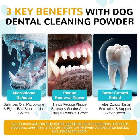Dog Teeth Cleaning Powder, Dental Powder for Dogs Teeth Cleaning and Breath Fresh, Bad Breath Fresher & Tartar Remover with Enzyme, Probiotics. Plaque Off Pet Tooth Cleaning 120 Grams 60 Servings in Kuwait