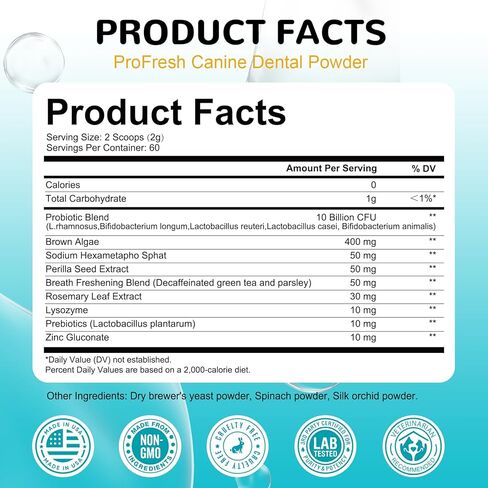 Dog Teeth Cleaning Powder, Dental Powder for Dogs Teeth Cleaning and Breath Fresh, Bad Breath Fresher & Tartar Remover with Enzyme, Probiotics. Plaque Off Pet Tooth Cleaning 120 Grams 60 Servings in Kuwait
