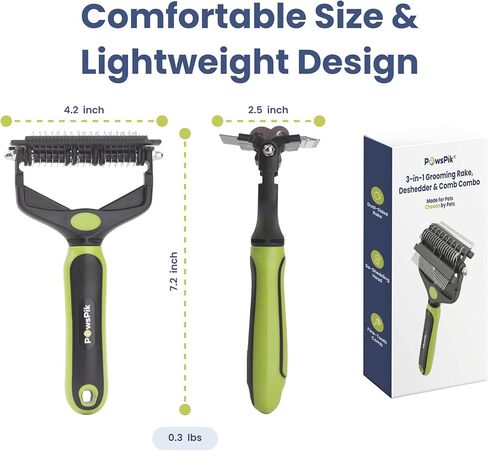 PAWSPIK 3-in-1 Dog Grooming Brush – Undercoat Rake, Deshedding Tool & Comb for Dogs & Cats, Dual-Sided 9 & 17 Teeth Dematting Brush, Anti-Slip Handle, Large in Kuwait