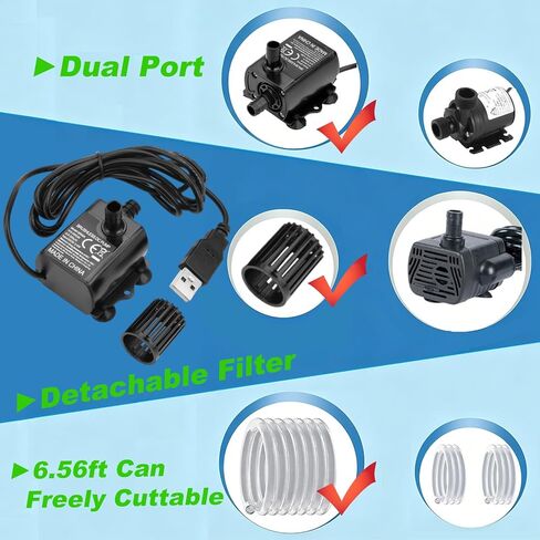 80GPH 5W USB Mini Water Pump With 2M(6.6ft) Clear Tube,300L/H durable fountain water pump for Pond Fountain, Aquariums Fish Tank, Statuary, Hydroponic 2-Pcs in Kuwait