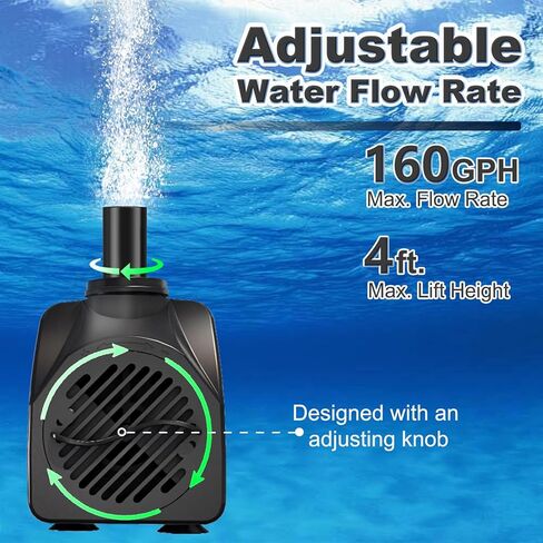مضخة غاطسة لسلك الطاقة SongLong 160GPH(600L/H) بطول 9.9 أقدام، مضخة نافورة مياه مع رفع 4 أقدام للبرك ونافورات المياه وأحواض السمك والزراعة المائية. in Kuwait
