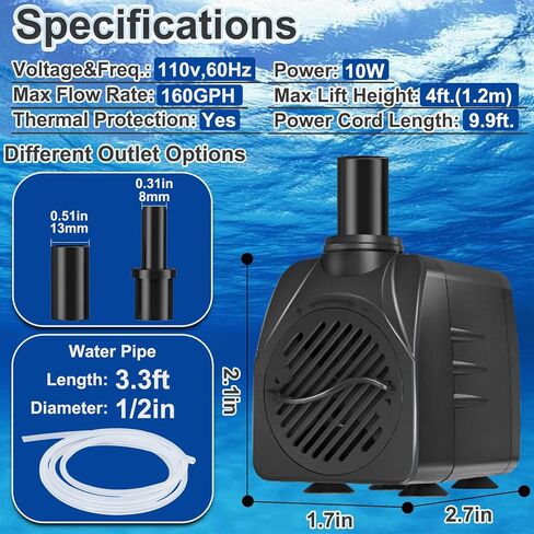 مضخة غاطسة لسلك الطاقة SongLong 160GPH(600L/H) بطول 9.9 أقدام، مضخة نافورة مياه مع رفع 4 أقدام للبرك ونافورات المياه وأحواض السمك والزراعة المائية. in Kuwait