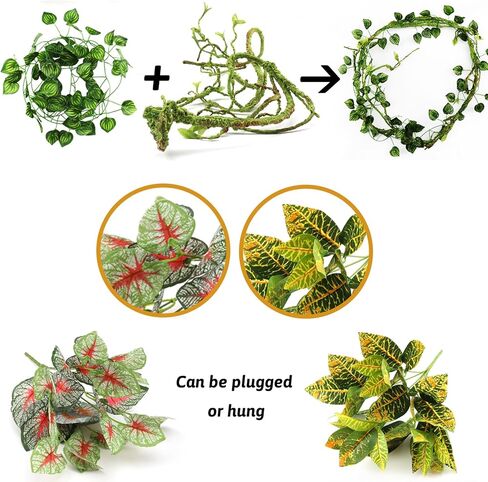 QUOZUO Reptile Plants, Terrarium Hanging Plant Vines Artificial Leaves Reptile Hide, Leopard Gecko Tank Accessories, Terrarium Decorations for Bearded Dragon Lizard Snake Chameleon in Kuwait