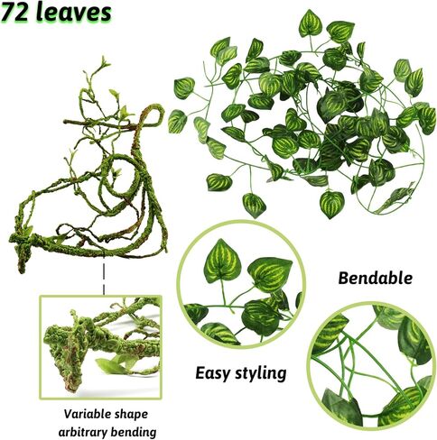 QUOZUO Reptile Plants, Terrarium Hanging Plant Vines Artificial Leaves Reptile Hide, Leopard Gecko Tank Accessories, Terrarium Decorations for Bearded Dragon Lizard Snake Chameleon in Kuwait