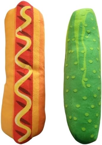 Pet Play Plush Hot Dog and Cucumber Set, 2 Piece Food-Themed Stuffed Pet Playthings with Integrated Bells for Cats in Kuwait