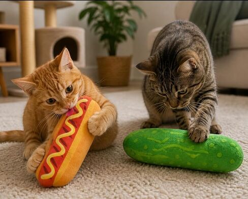 Pet Play Plush Hot Dog and Cucumber Set, 2 Piece Food-Themed Stuffed Pet Playthings with Integrated Bells for Cats in Kuwait