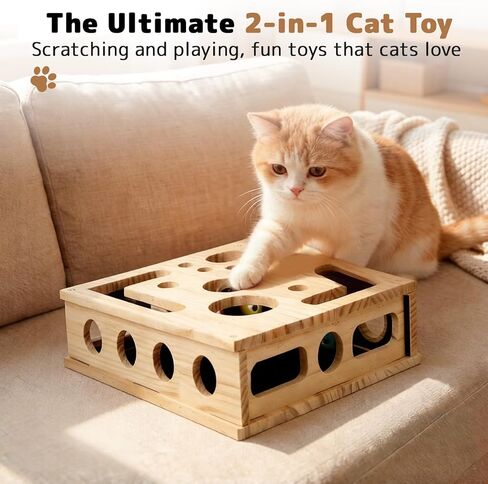Cat Nail File Scratcher, Cats Claw Saver Box with 3 Balls, Large Solid Wood Construction Cat Nail File Enrichment Box with Sandpaper Inside,Alternative to Nail Clippers in Kuwait