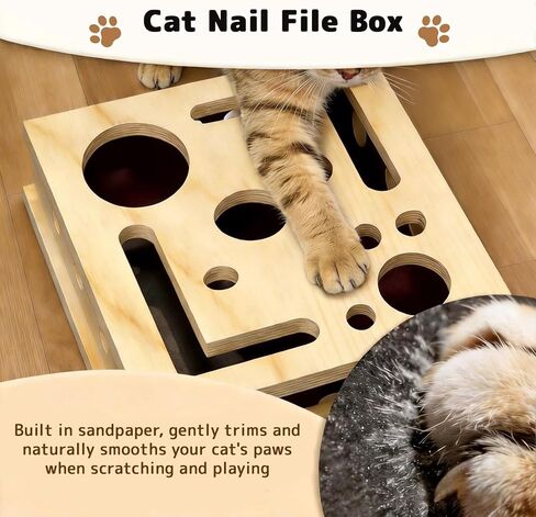 Cat Nail File Scratcher, Cats Claw Saver Box with 3 Balls, Large Solid Wood Construction Cat Nail File Enrichment Box with Sandpaper Inside,Alternative to Nail Clippers in Kuwait