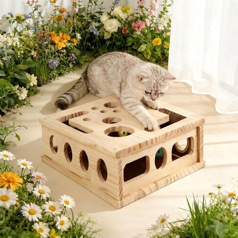 Cat Nail File Scratcher, Cats Claw Saver Box with 3 Balls, Large Solid Wood Construction Cat Nail File Enrichment Box with Sandpaper Inside,Alternative to Nail Clippers in Kuwait