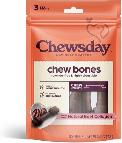 Chewsday Dog Rawhide Free Chew Bones, Made with Real Beef Collagen, Supports Hip & Joint, Skin & Coat, Highly Digestible, 3 Count in Saudi Arabia