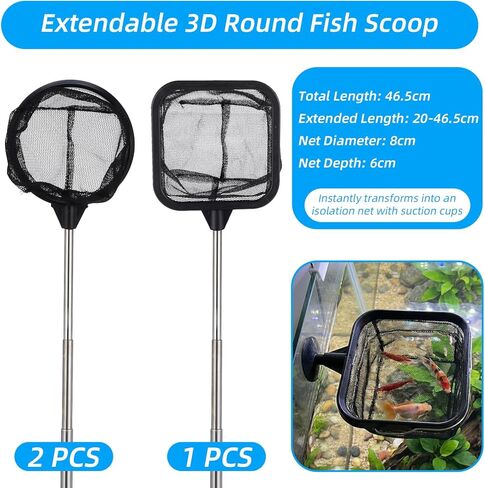 Aquarium Shrimp Net, 3 PCS Small Fish Nets for Fish Tank with Long Extendable Stainless Steel Handle, 3.15 Inch Round+Square Fine Mesh Net for Fishes Shrimp Tank Pond Creek Food Residue Debris in Kuwait