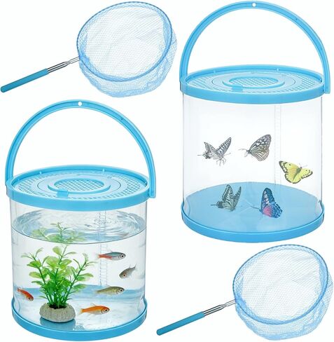 2 Sets Catch Plastic Beach Aquarium Kit, Release Aquarium Box for Beach with Retractable Net Bag and Transparent Portable Handheld（Round） in Kuwait
