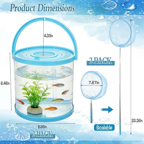 2 Sets Catch Plastic Beach Aquarium Kit, Release Aquarium Box for Beach with Retractable Net Bag and Transparent Portable Handheld（Round） in Kuwait