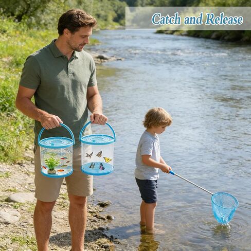2 Sets Catch Plastic Beach Aquarium Kit, Release Aquarium Box for Beach with Retractable Net Bag and Transparent Portable Handheld（Round） in Kuwait