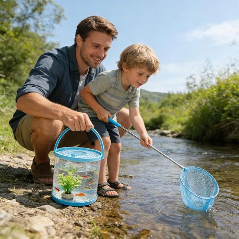 2 Sets Catch Plastic Beach Aquarium Kit, Release Aquarium Box for Beach with Retractable Net Bag and Transparent Portable Handheld（Round） in Kuwait