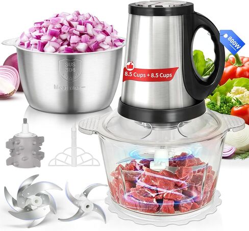 Electric Food Processor(8.5Cups+8.5Cups)【800W Pure Copper Motor】【2 Sets SUS 304 Blade】 Electric Food Chopper with 2 Bowls, Meat Grinder for Meat, Vegetable, Garlic, Onion, Baby Food (Black) in Kuwait