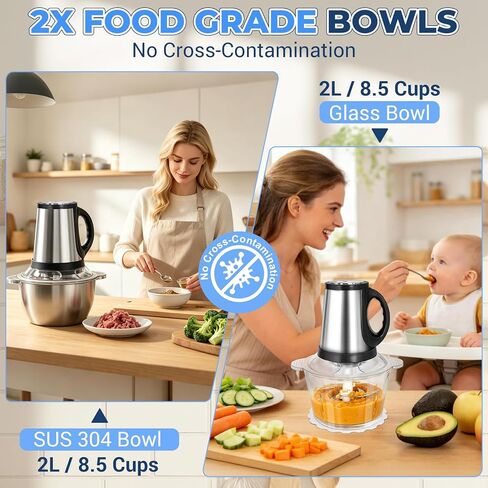 Electric Food Processor(8.5Cups+8.5Cups)【800W Pure Copper Motor】【2 Sets SUS 304 Blade】 Electric Food Chopper with 2 Bowls, Meat Grinder for Meat, Vegetable, Garlic, Onion, Baby Food (Black) in Kuwait