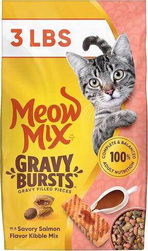 Meow Mix Gravy Bursts, Savory Salmon Flavor Kibble Mix, Gravy Filled Dry Cat Food, 3 lb. Bag in Kuwait