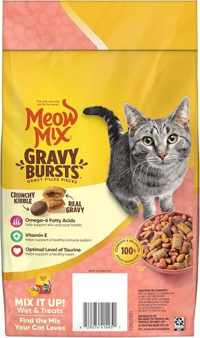 Meow Mix Gravy Bursts, Savory Salmon Flavor Kibble Mix, Gravy Filled Dry Cat Food, 3 lb. Bag in Kuwait