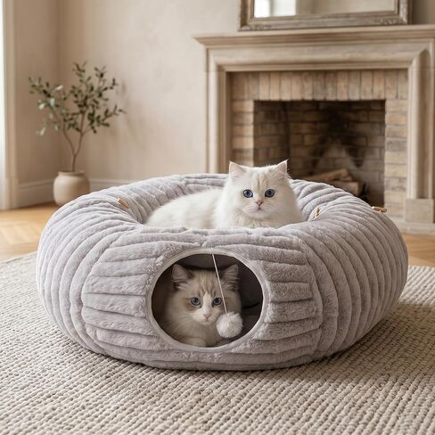 Cat Tunnel Bed Cave - Soft Washable Cushion for Indoor Cats, Peekaboo Hideaway Cave for Indoor Cats, Kittens, Puppies, Rabbits, Luxurious Striped Hare-Feel Fabric, Tunnels for Indoor Cats Large in Kuwait