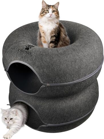 2-Level Detachable Large Cat Tunnel Bed for Indoor Cats, Scratch-Resistant Felt Donut Cat Cave, Supports Up to 30 lbs, Peekaboo Cat Tube (Dark Grey, L 24 x 24 x 22 in) in Kuwait