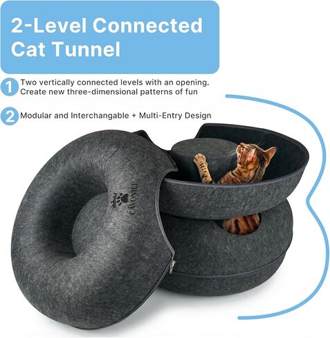 2-Level Detachable Large Cat Tunnel Bed for Indoor Cats, Scratch-Resistant Felt Donut Cat Cave, Supports Up to 30 lbs, Peekaboo Cat Tube (Dark Grey, L 24 x 24 x 22 in) in Kuwait