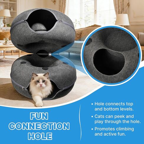 2-Level Detachable Large Cat Tunnel Bed for Indoor Cats, Scratch-Resistant Felt Donut Cat Cave, Supports Up to 30 lbs, Peekaboo Cat Tube (Dark Grey, L 24 x 24 x 22 in) in Kuwait