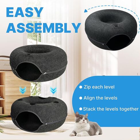 2-Level Detachable Large Cat Tunnel Bed for Indoor Cats, Scratch-Resistant Felt Donut Cat Cave, Supports Up to 30 lbs, Peekaboo Cat Tube (Dark Grey, L 24 x 24 x 22 in) in Kuwait