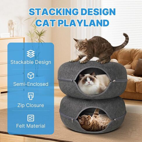2-Level Detachable Large Cat Tunnel Bed for Indoor Cats, Scratch-Resistant Felt Donut Cat Cave, Supports Up to 30 lbs, Peekaboo Cat Tube (Dark Grey, L 24 x 24 x 22 in) in Kuwait