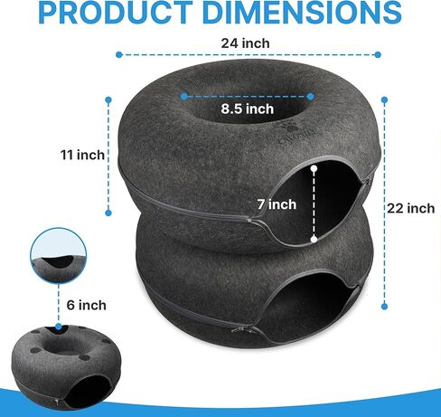 2-Level Detachable Large Cat Tunnel Bed for Indoor Cats, Scratch-Resistant Felt Donut Cat Cave, Supports Up to 30 lbs, Peekaboo Cat Tube (Dark Grey, L 24 x 24 x 22 in) in Kuwait