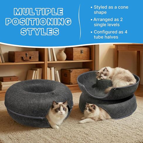 2-Level Detachable Large Cat Tunnel Bed for Indoor Cats, Scratch-Resistant Felt Donut Cat Cave, Supports Up to 30 lbs, Peekaboo Cat Tube (Dark Grey, L 24 x 24 x 22 in) in Kuwait