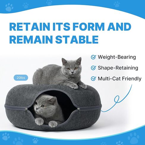 2-Level Detachable Large Cat Tunnel Bed for Indoor Cats, Scratch-Resistant Felt Donut Cat Cave, Supports Up to 30 lbs, Peekaboo Cat Tube (Dark Grey, L 24 x 24 x 22 in) in Kuwait