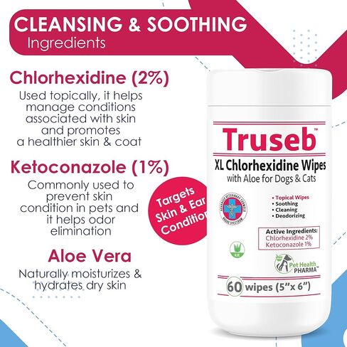 Topical Chlorhexidine Wipes for Dogs & Cats, Ketoconazole & Chlorhexidine Wipes and with a Light Scent (USA) (Ketoconazole & Chlorhexidin, 60 Count XL) in Kuwait