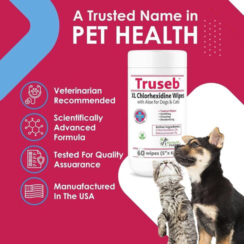 Topical Chlorhexidine Wipes for Dogs & Cats, Ketoconazole & Chlorhexidine Wipes and with a Light Scent (USA) (Ketoconazole & Chlorhexidin, 60 Count XL) in Kuwait