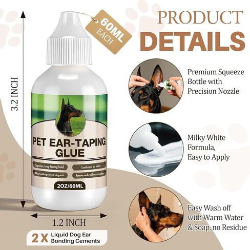 2 Pack Liquid Bonding Cement for Dogs (60ml Each), Pet Ear Taping Glue, Dog Ear Bonding Cement, Safe & Non Toxic Skin Adhesive for Pet Training, Waterproof, Easy Wash Off with Soap & Water in Kuwait