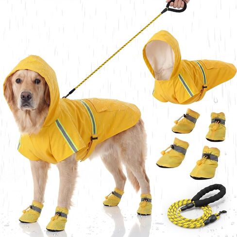 3 Pcs Dog Raincoat Shoes and Leash Set with Reflective Strip Yellow Adjustable Waterproof Rain Jacket Coat Poncho Hoodies for Small Medium Dogs Pets Walking in Kuwait
