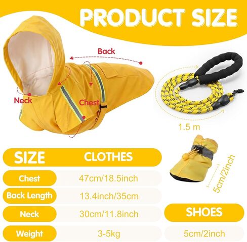 3 Pcs Dog Raincoat Shoes and Leash Set with Reflective Strip Yellow Adjustable Waterproof Rain Jacket Coat Poncho Hoodies for Small Medium Dogs Pets Walking in Kuwait