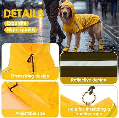 3 Pcs Dog Raincoat Shoes and Leash Set with Reflective Strip Yellow Adjustable Waterproof Rain Jacket Coat Poncho Hoodies for Small Medium Dogs Pets Walking in Kuwait