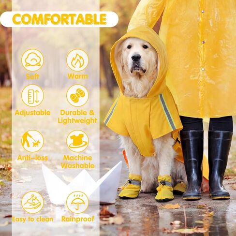 3 Pcs Dog Raincoat Shoes and Leash Set with Reflective Strip Yellow Adjustable Waterproof Rain Jacket Coat Poncho Hoodies for Small Medium Dogs Pets Walking in Kuwait