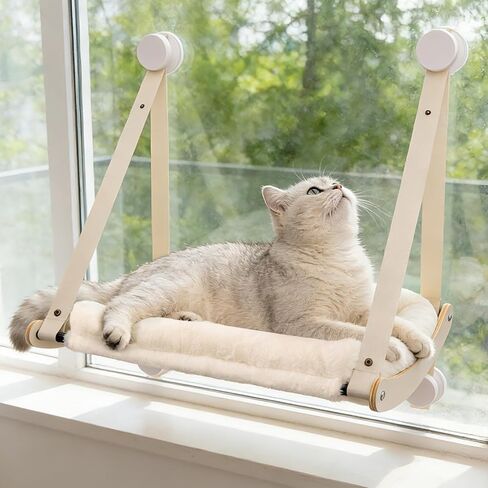 Cat Window Perch, Cat Hammock for Window with 4 Strong Suction Cups - Easy Assembly, Solid Wood Frame with Large Cats Bed - Supports Up to 40lbs for Indoor Cats Beige in Kuwait