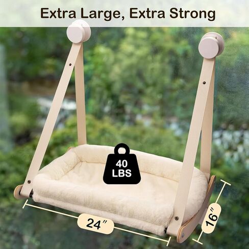 Cat Window Perch, Cat Hammock for Window with 4 Strong Suction Cups - Easy Assembly, Solid Wood Frame with Large Cats Bed - Supports Up to 40lbs for Indoor Cats Beige in Kuwait