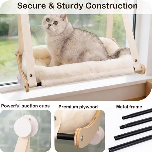 Cat Window Perch, Cat Hammock for Window with 4 Strong Suction Cups - Easy Assembly, Solid Wood Frame with Large Cats Bed - Supports Up to 40lbs for Indoor Cats Beige in Kuwait