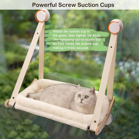 Cat Window Perch, Cat Hammock for Window with 4 Strong Suction Cups - Easy Assembly, Solid Wood Frame with Large Cats Bed - Supports Up to 40lbs for Indoor Cats Beige in Kuwait