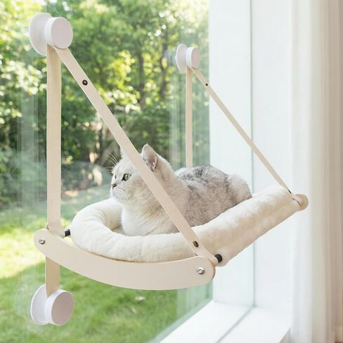 Cat Window Perch, Cat Hammock for Window with 4 Strong Suction Cups - Easy Assembly, Solid Wood Frame with Large Cats Bed - Supports Up to 40lbs for Indoor Cats Beige in Kuwait