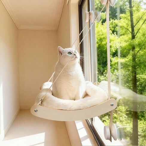 Cat Window Perch, Cat Hammock for Window with 4 Strong Suction Cups - Easy Assembly, Solid Wood Frame with Large Cats Bed - Supports Up to 40lbs for Indoor Cats Beige in Kuwait